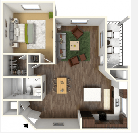Floor plan for 1 bed, 1 bath, 729 sqft